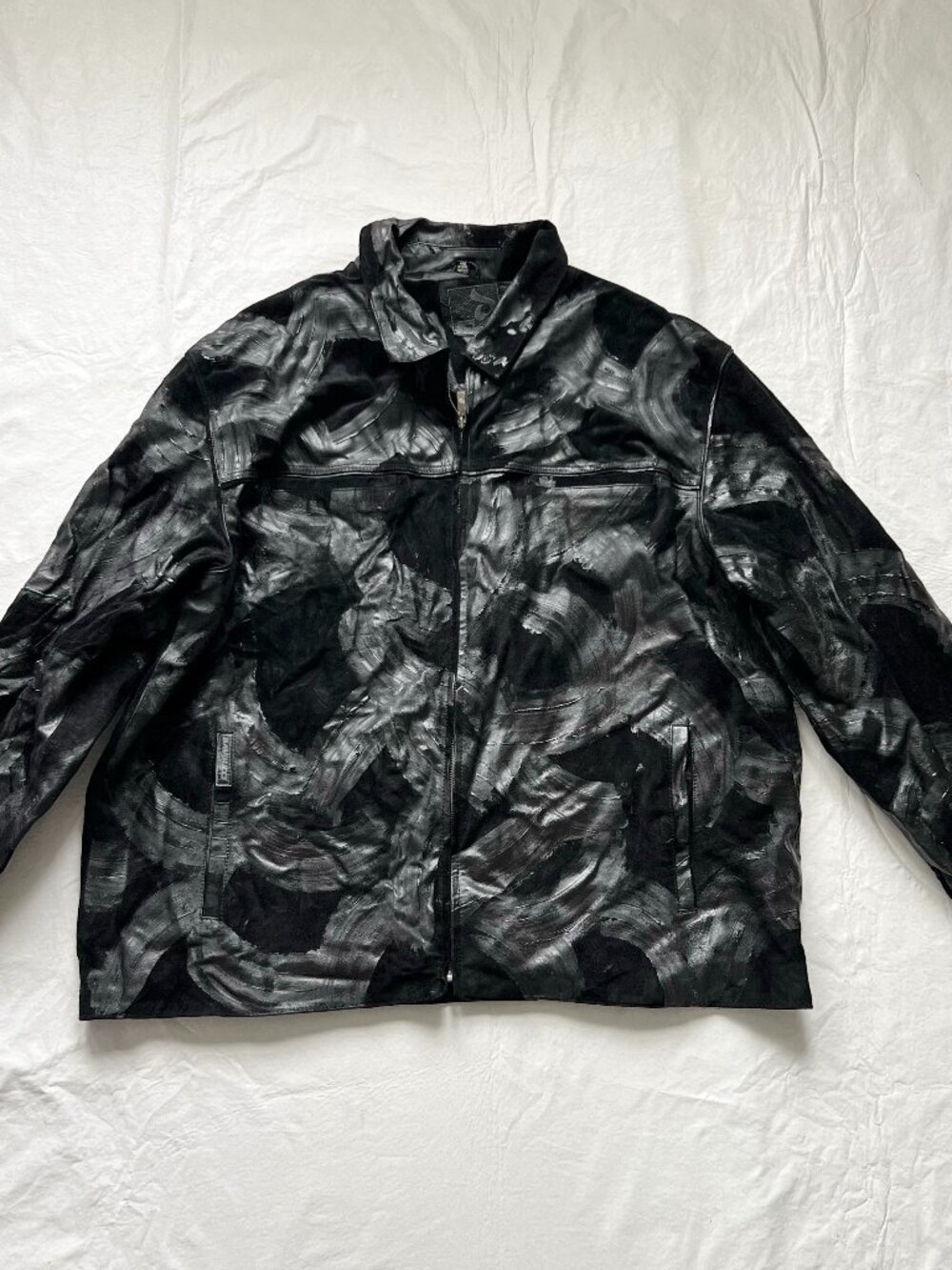 Vintage leather jacket Davoucci black textured painted mens 5XL zip up collared